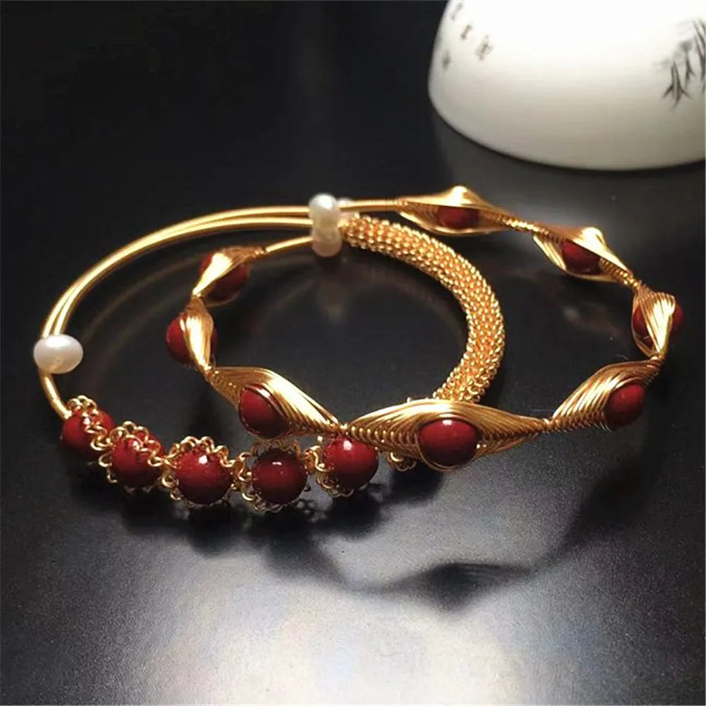 Red Cinnabar 14K Filled Wire Twining Bracelet for Women
