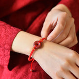 Red Cinnabar Bracelet Round Donut Coin Bangle Adjustable Rope Jewelry