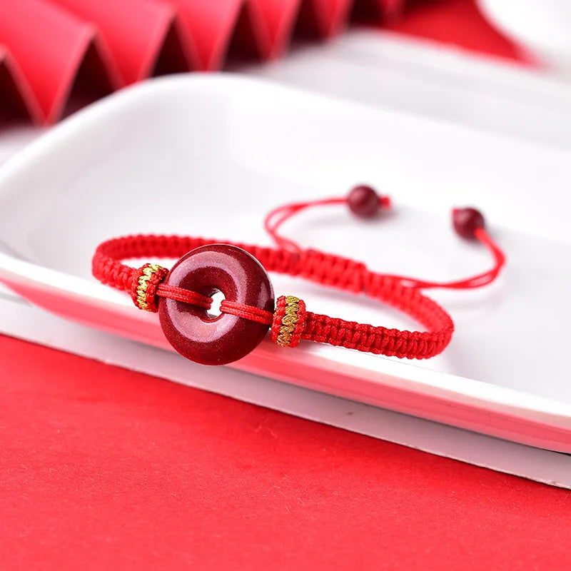 Red Cinnabar Bracelet Round Donut Coin Bangle Adjustable Rope Jewelry