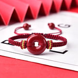 Red Cinnabar Bracelet Round Donut Coin Bangle Adjustable Rope Jewelry