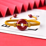 Red Cinnabar Bracelet Round Donut Coin Bangle Adjustable Rope Jewelry