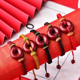 Red Cinnabar Bracelet Round Donut Coin Bangle Adjustable Rope Jewelry