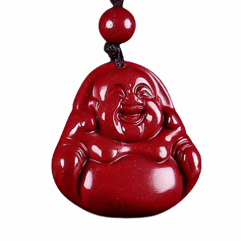 Natural Red Cinnabar Laughing Buddha Pendant Necklace