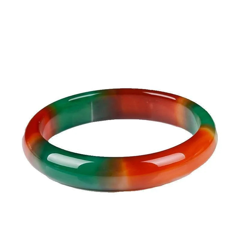 Hand Carved Wide Stripe Jade Bracelet, Three Floating Flower Bracelet