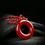 Hand-carved Red Jade Pendant Necklace with Long Sweater Chain