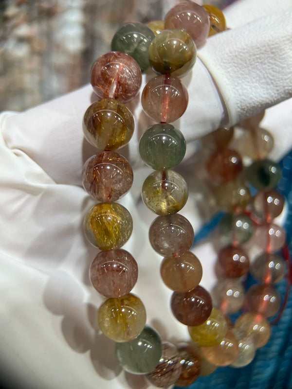 Red Rutilated Quartz Crystal Bracelet Seed Beads Strand