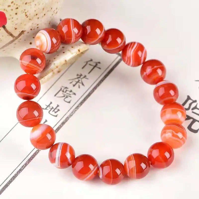 Red Silk Agate Round Beads Ring Bracelet for Women
