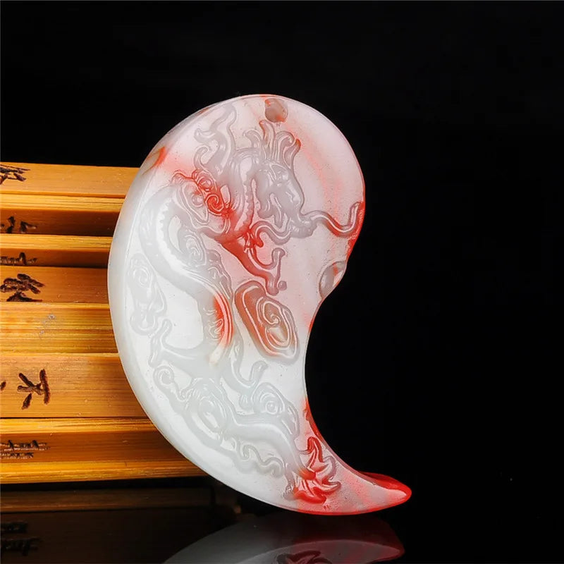 Red Jade Dragon Phoenix Pendant Chinese Hand-Carved Jewelry Charm Amulet