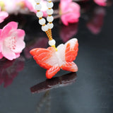Red Jade Butterfly Pendant Necklace Charm Chinese Hand-Carved Amulet