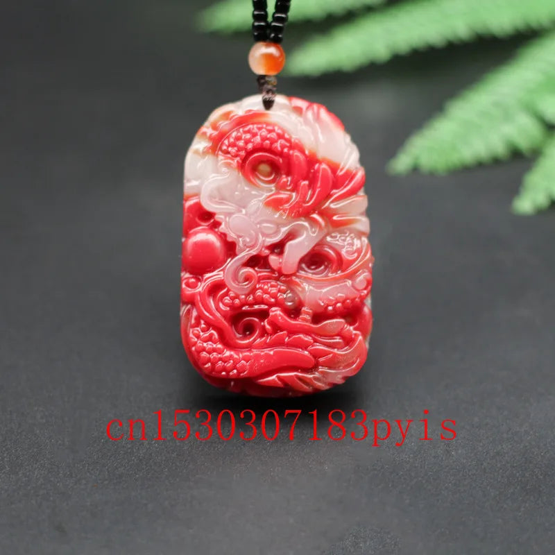 Red Jade Dragon Pendant Necklace Hand-Carved Charm Jewelry