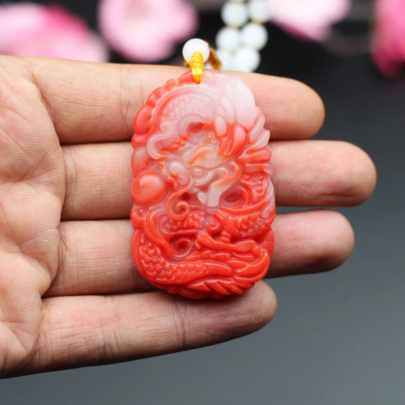 Red Jade Dragon Pendant Necklace Hand-Carved Charm Jewelry for Luck