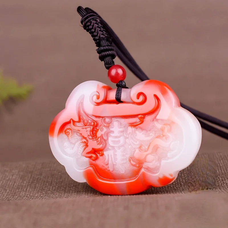 Red Jade Dragon Phoenix Pendant Necklace Hand-Carved Charm Jewellery