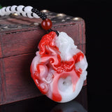 Hand-Carved Red Jade Dragon Pixiu Fish Pendant Necklace