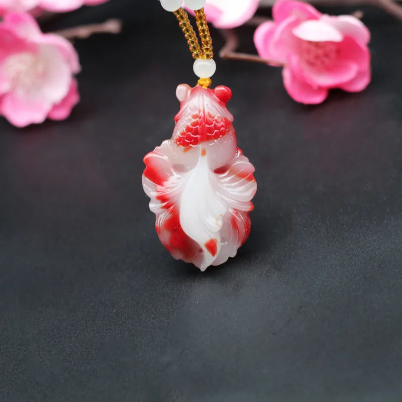 Natural Red Jade Goldfish Pendant Necklace Chinese Hand-Carved Jadeite Charm