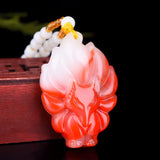 Natural Red Jade Nine-Tailed Fox Pendant Necklace Chinese Carved Charm Jewelry