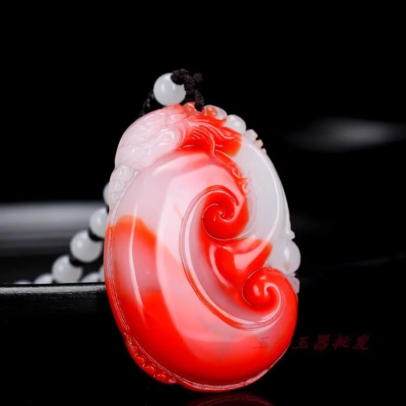 Natural Red Jade Ruyi Pendant Necklace Chinese Hand-Carved Healing Charm Women