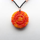 Red Yellow Jade Bat Flower Pendant Necklace Chinese Hand-Carved Charm