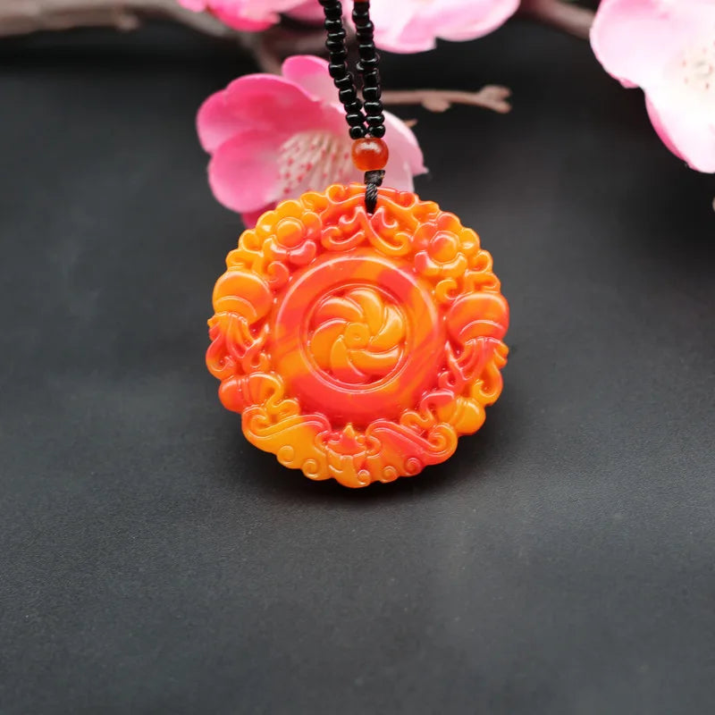 Red Yellow Jade Bat Flower Pendant Necklace Chinese Hand-Carved Charm