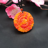 Red Yellow Jade Bat Flower Pendant Necklace Chinese Hand-Carved Charm