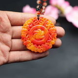 Red Yellow Jade Bat Flower Pendant Necklace Chinese Hand-Carved Charm