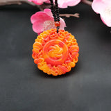 Red Yellow Jade Bat Flower Pendant Necklace Chinese Hand-Carved Charm