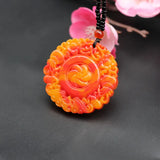 Red Yellow Jade Bat Flower Pendant Necklace Chinese Hand-Carved Charm