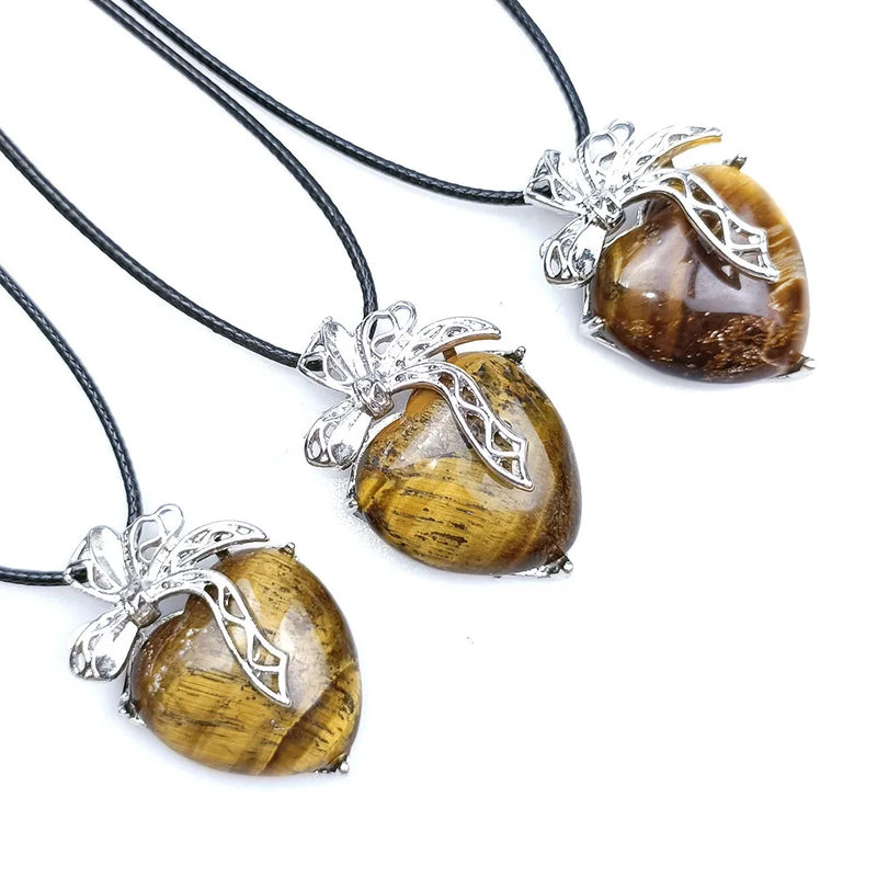 Reiki Ore Crystal Heart Tiger Eye Bowknot Necklace