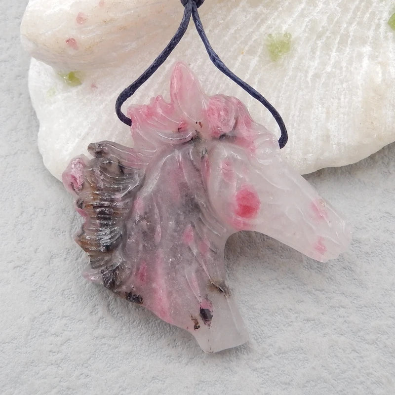 Rhodonite Carved Horse Head Pendant Bead 43x40x8mm