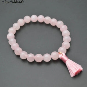 Rose Quartz Stone Bead Bracelet with Tassel Charm