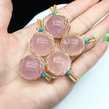 Rose Quartz Crystal Ball Pendant Golden Wire Wrapped Reiki Healing Jewelry