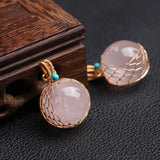 Rose Quartz Crystal Ball Pendant Golden Wire Wrapped Reiki Healing Jewelry