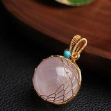 Rose Quartz Crystal Ball Pendant Golden Wire Wrapped Reiki Healing Jewelry
