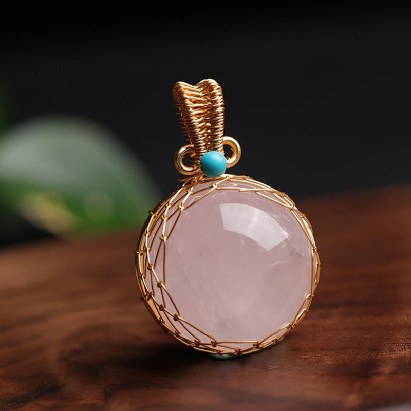Rose Quartz Crystal Ball Pendant Golden Wire Wrapped Reiki Healing Jewelry