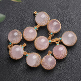 Rose Quartz Crystal Ball Pendant Golden Wire Wrapped Reiki Healing Jewelry
