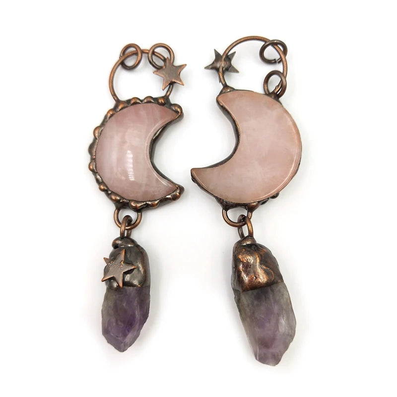 Rose Quartzs Amethyst Soldered Pendant Copper Crescent