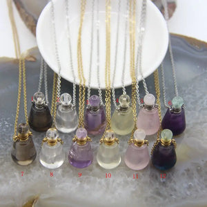 Quartz Perfume Bottle Pendant Necklace, Amethysts Essential Oil Diffuser Vial
