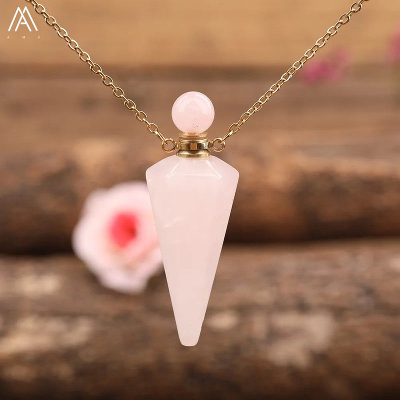 Roses Quartz Crystal Stones Pendulum Necklace