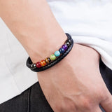 Chakra Bead Stone Bracelet Leather Stainless Steel Bangles