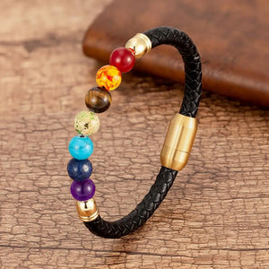 Chakra Bead Stone Bracelet Leather Stainless Steel Bangles