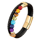 Chakra Bead Stone Bracelet Leather Stainless Steel Bangles