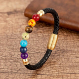 Chakra Bead Stone Bracelet Leather Stainless Steel Bangles