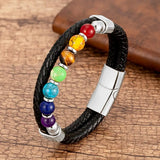 Chakra Bead Stone Bracelet Leather Stainless Steel Bangles