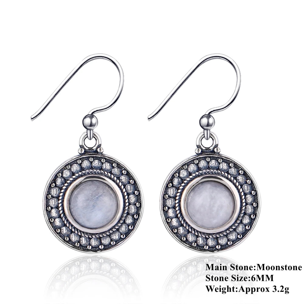 Round Moonstone Earrings 925 Sterling Silver Vintage Jewelry