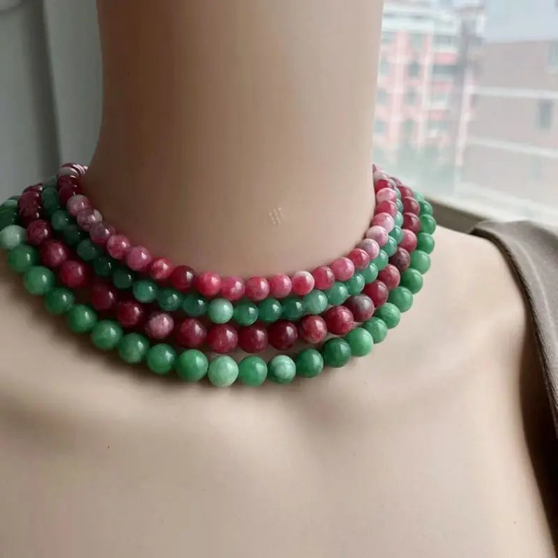 Natural Round Green and Pink Jade Chain Necklace Beads