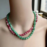 Natural Round Green and Pink Jade Chain Necklace Beads