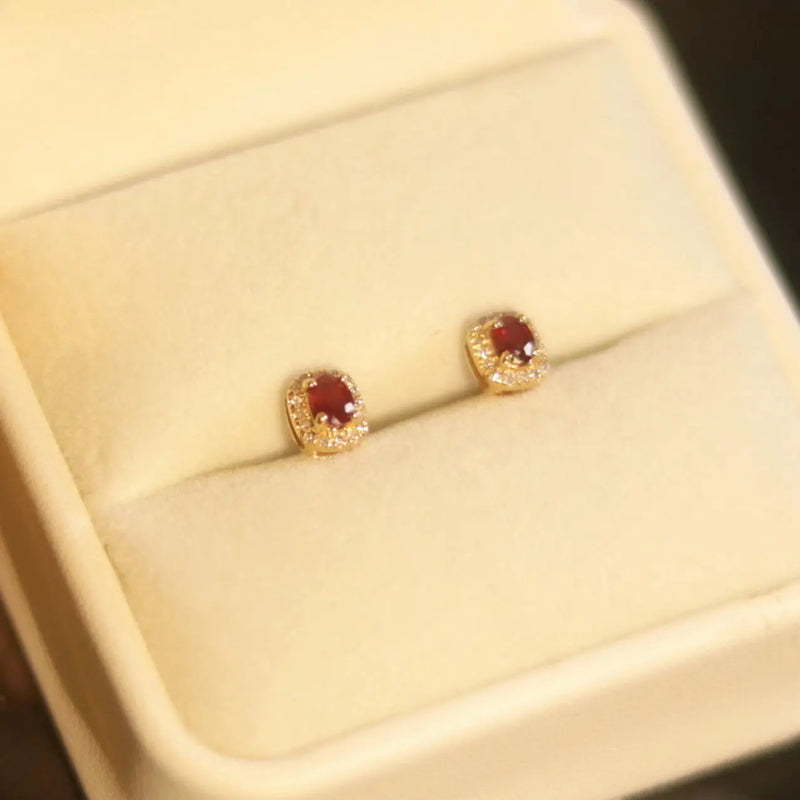 Natural Ruby Vintage S925 Sterling Silver Earrings Diamond Inlay