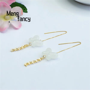 S925 Silver Hetian Jade Butterfly Phoenix Tail Ear Hook Charm