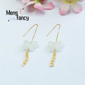 S925 Silver Hetian Jade Butterfly Phoenix Tail Ear Hook Charm