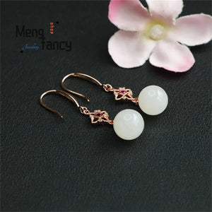 S925 Silver Hetian Jade Round Ear Hook Earrings Charm Women Jewelry Gift
