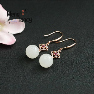S925 Silver Hetian Jade Round Ear Hook Earrings Charm Women Jewelry Gift